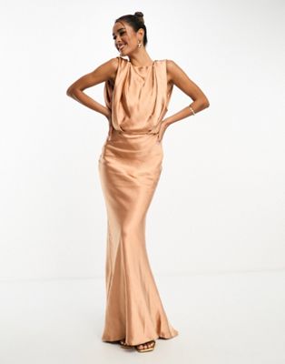 Asos Design Textured Satin Drape Shoulder Maxi Dress In Brown