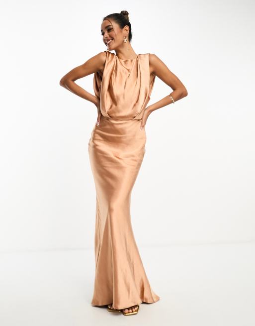 ASOS DESIGN textured satin drape shoulder maxi dress in brown