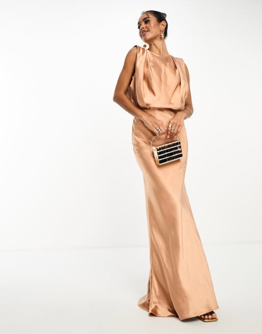 ASOS DESIGN textured satin drape shoulder maxi dress in brown