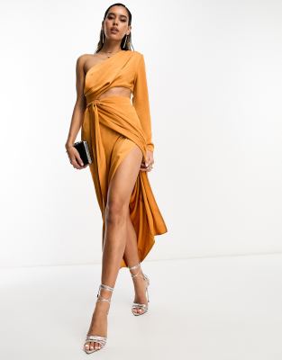 ASOS DESIGN textured satin one sleeve midi dress with cut out waist in sunset orange