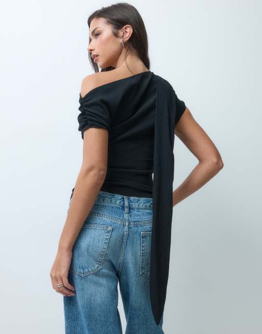 ASOS DESIGN textured scarf neck fallen shoulder top in black, 5 of 5