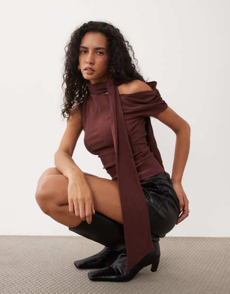 ASOS DESIGN textured scarf neck fallen shoulder top in brown - view 1