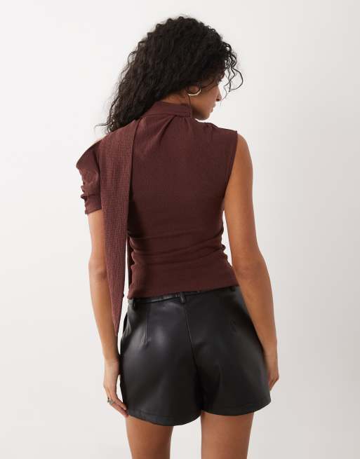 ASOS DESIGN textured scarf neck fallen shoulder top in brown, 2 of 4