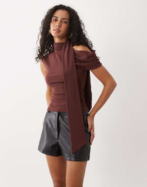 ASOS DESIGN textured scarf neck fallen shoulder top in brown, 3 of 4