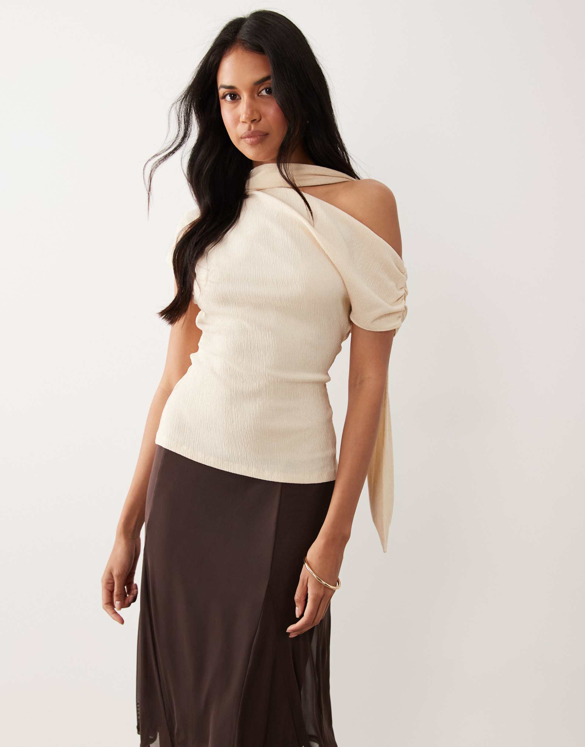asos design textured scarf neck fallen shoulder top in cream