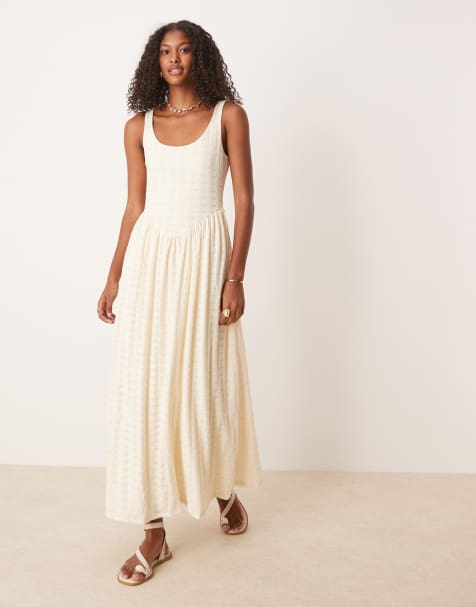 ASOS DESIGN textured scoop neck drop waist midi dress in cream - view 1
