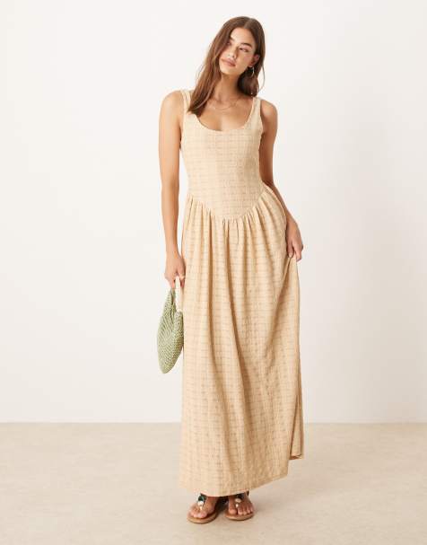 ASOS DESIGN textured scoop neck dropped waist midi dress in beige - view 1