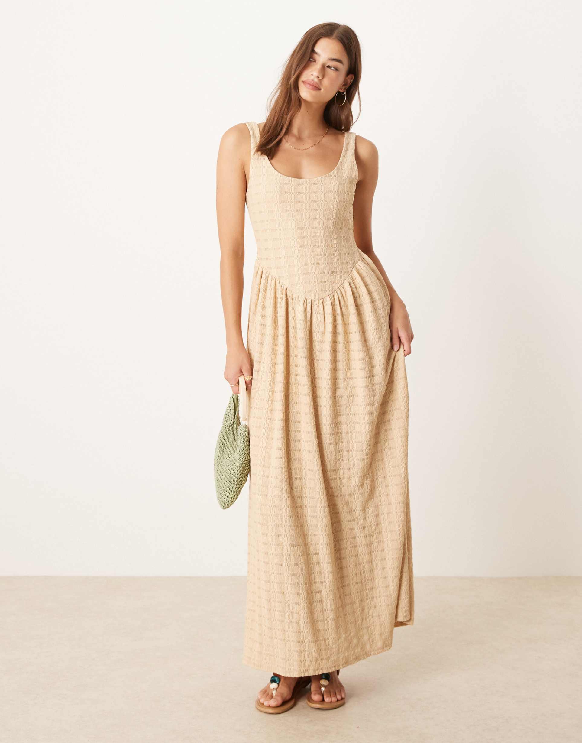 asos design textured scoop neck dropped waist midi dress in beige