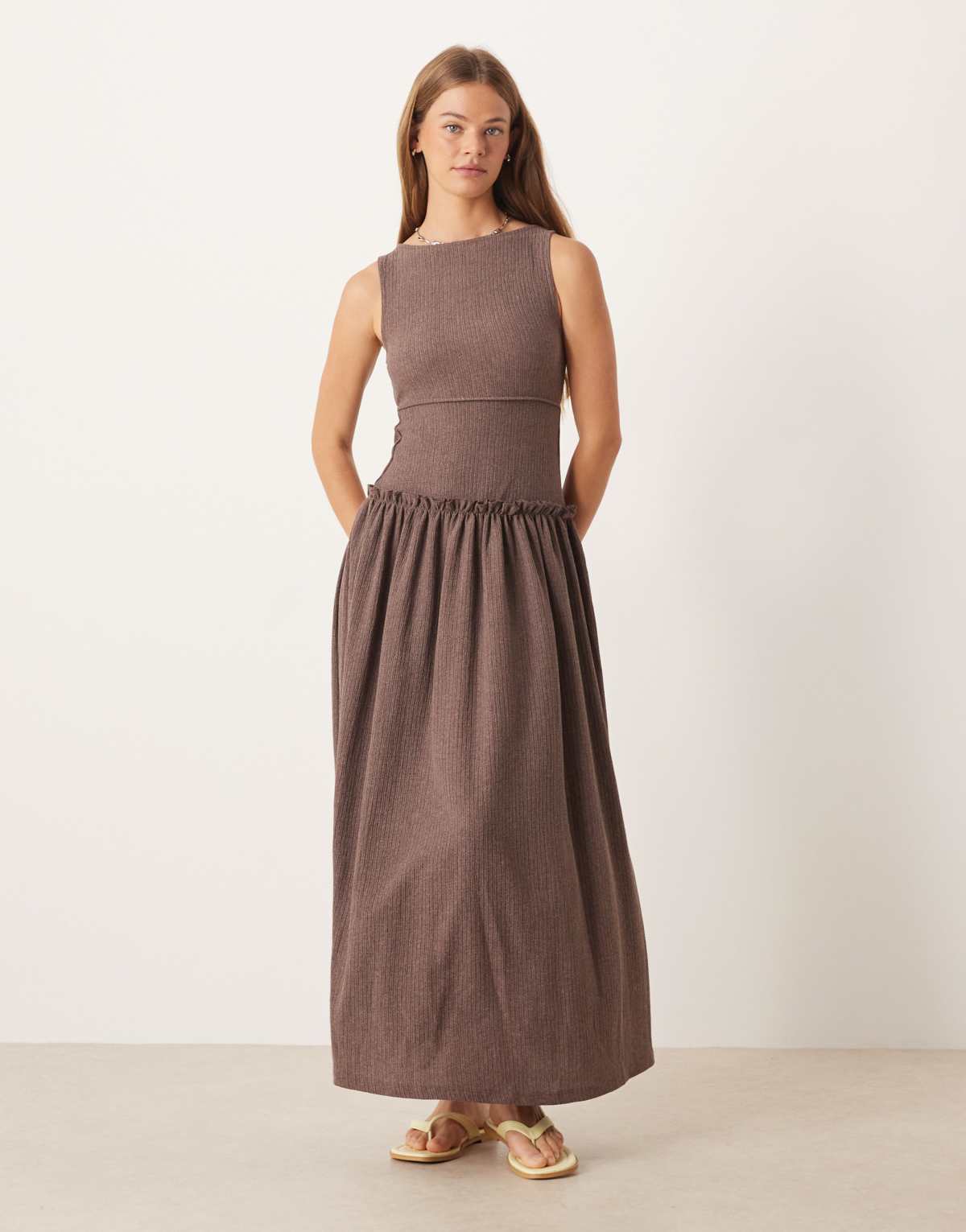 ASOS DESIGN textured seam detail midi dress in brown