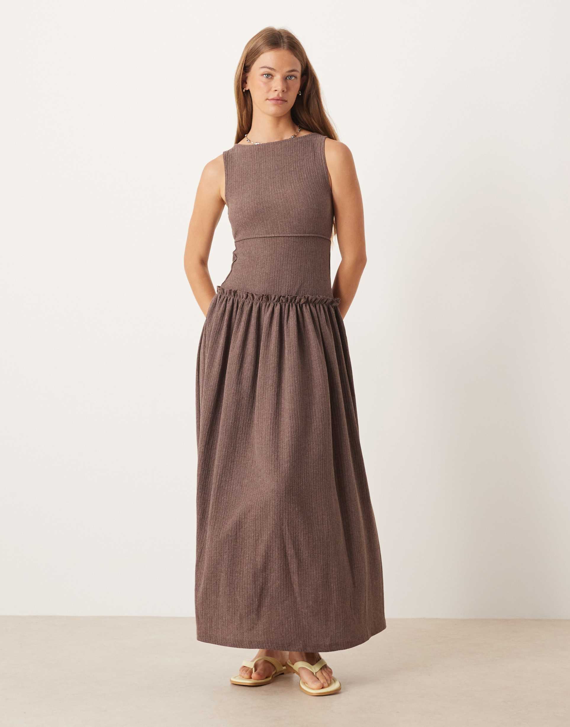 asos design textured seam detailing midi dress in brown