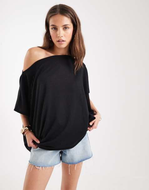 ASOS DESIGN textured semi sheer knit look off shoulder poncho top in black - view 1