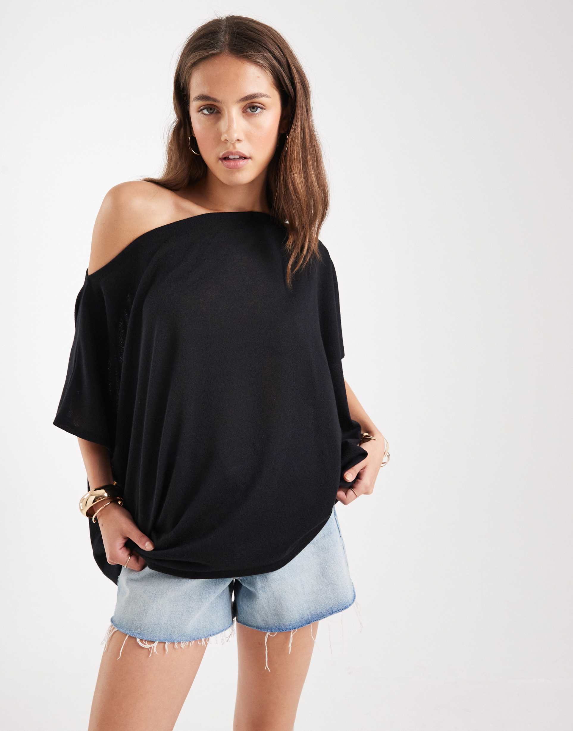 asos design textured semi sheer knit look off-shoulder poncho top in black