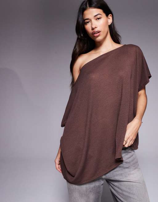 ASOS DESIGN textured semi sheer knit off shoulder cape top in brown