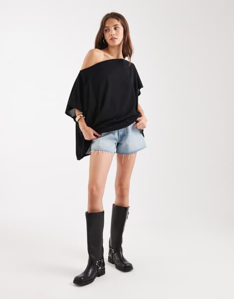 ASOS DESIGN textured semi sheer knit off shoulder poncho top in black - view 1