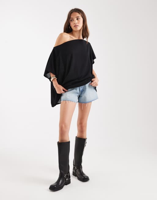 ASOS DESIGN textured semi sheer knit off shoulder poncho top in black