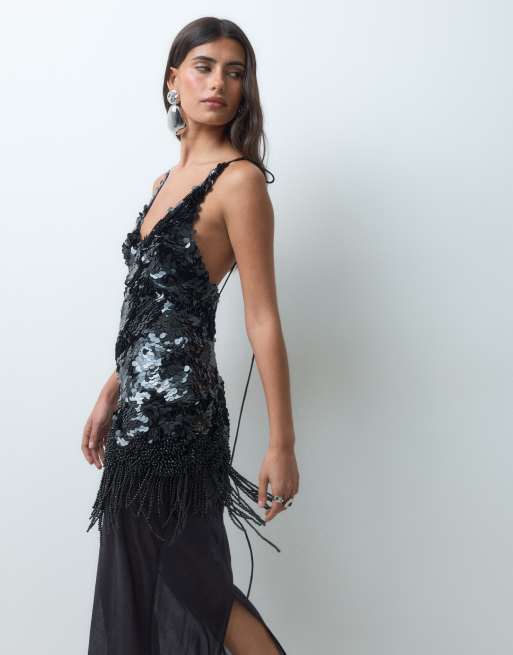 ASOS DESIGN textured sequin maxi dress with beaded fringe and sheer skirt in black, 2 of 5