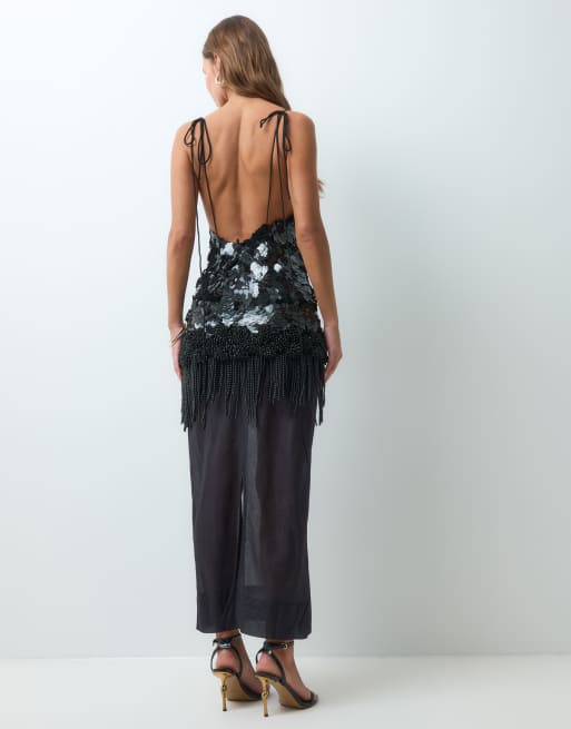 ASOS DESIGN textured sequin maxi dress with beaded fringe and sheer ...