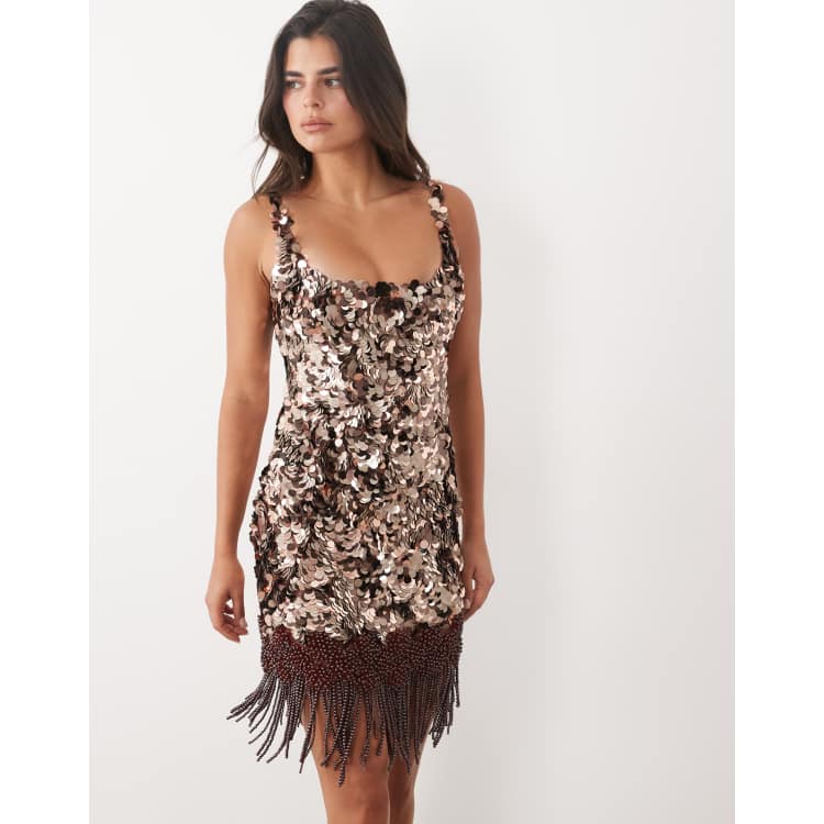 bronze beaded dress ASOS DESIGN textured sequin mini with fringed hem in The slit provides extra UK: Stock Priority Dec 2025 454-4 GRETA dress with Size:US size 24W