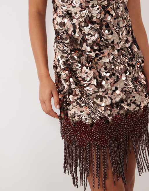 ASOS DESIGN textured sequin mini dress with beaded fringed hem in bronze, 3 of 4
