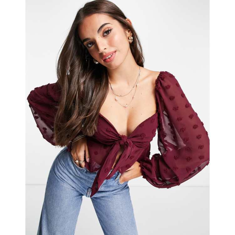 ASOS DESIGN textured sheer volume sleeve blouse with tie