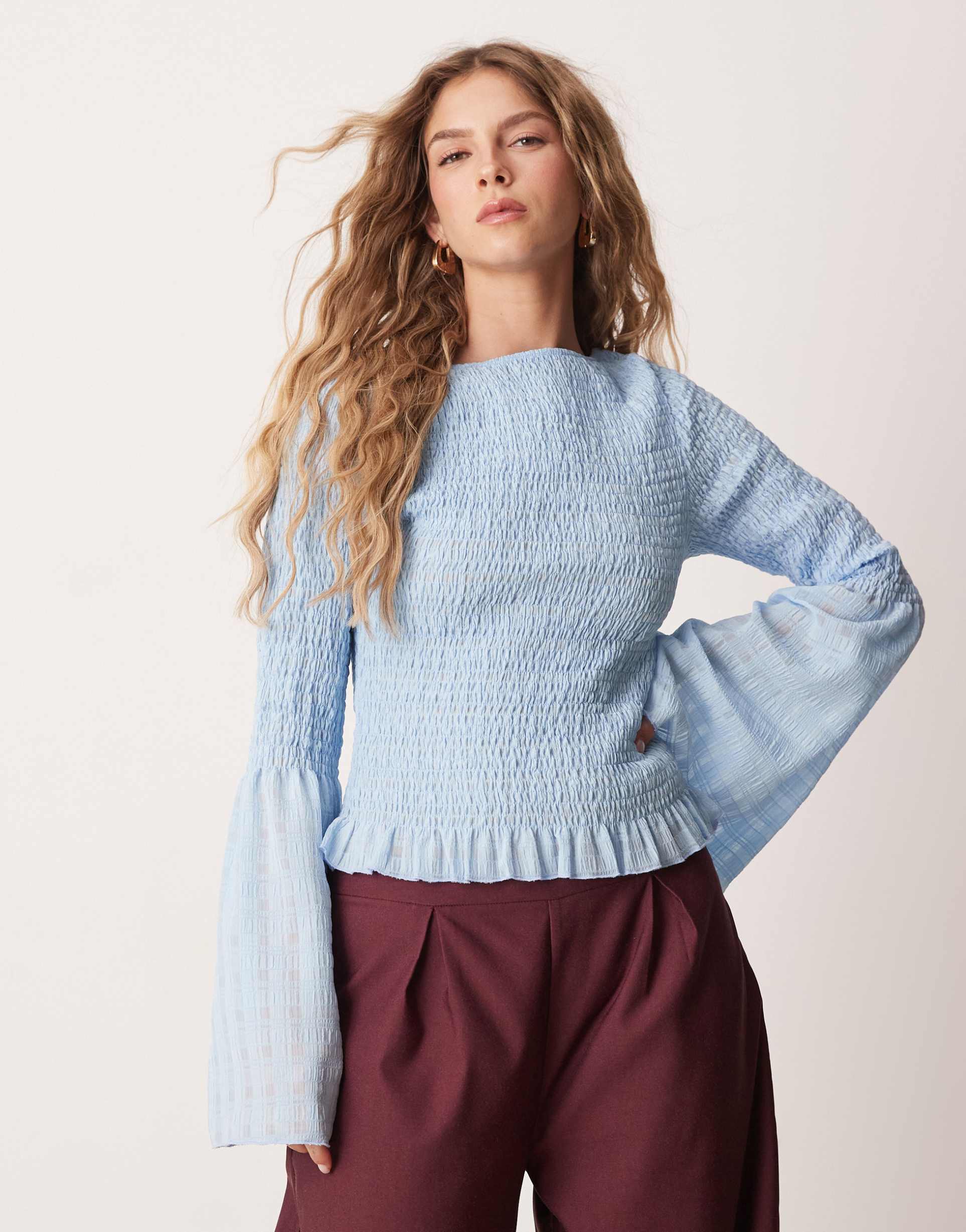 asos design textured shirred angel sleeve top
