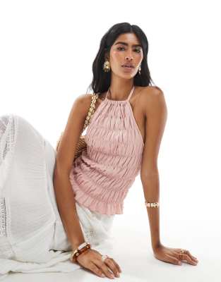 [ASOS DESIGN] ASOS DESIGN textured shirred halter top in pink XS PINK