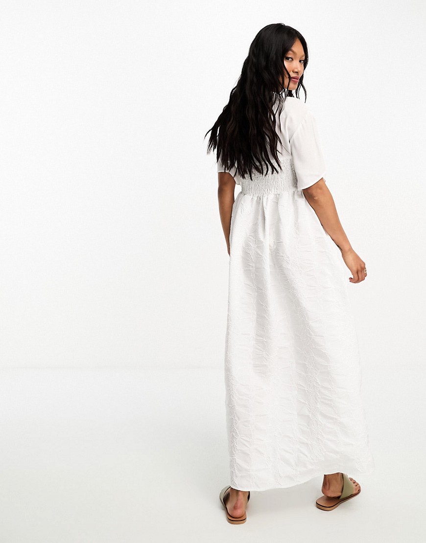 ASOS DESIGN textured shirred maxi smock dress in white
