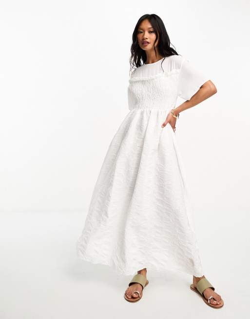 ASOS DESIGN textured shirred maxi smock dress in white