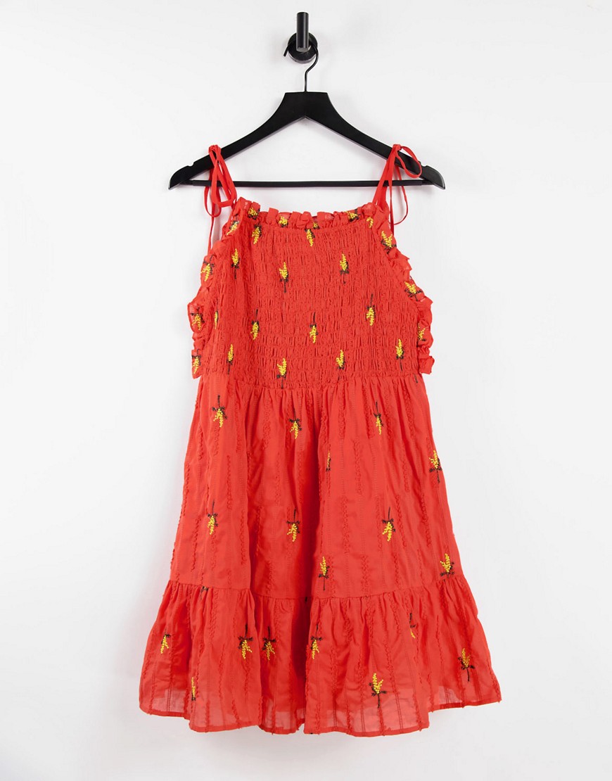 Asos Design Textured Shirred Mini Dress With Floral Embroidery In Red