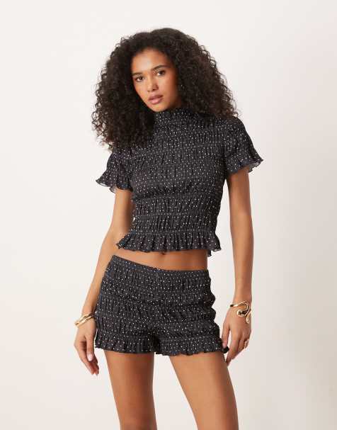 ASOS DESIGN textured shirred spot print tee co ord in black - view 1