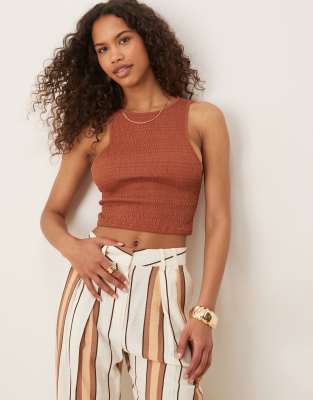 ASOS DESIGN textured shirred tank crop top in brown - view 1
