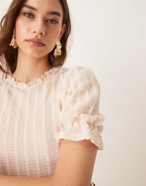 ASOS DESIGN textured shirred top with ruffle detailing in cream (Part of a set), 4 of 4