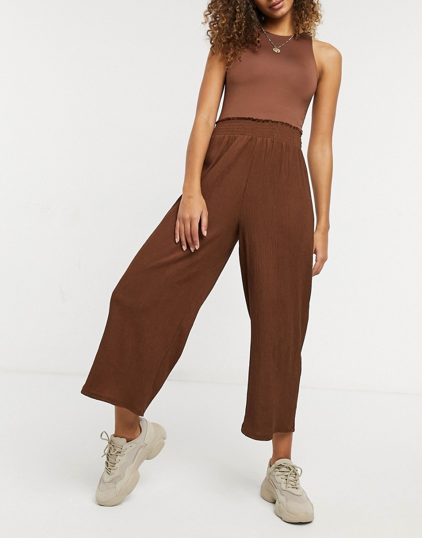 Asos Design Textured Shirred Waist Culotte Pant In Brown
