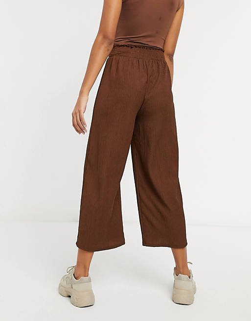  textured shirred waist culotte trouser in brown 