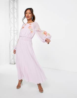 ASOS DESIGN textured shirred waist open back pleated midi dress with embroidery in lilac