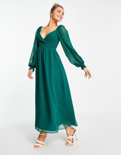 ASOS DESIGN textured shirred wrap ruffle waist maxi dress in bottle green