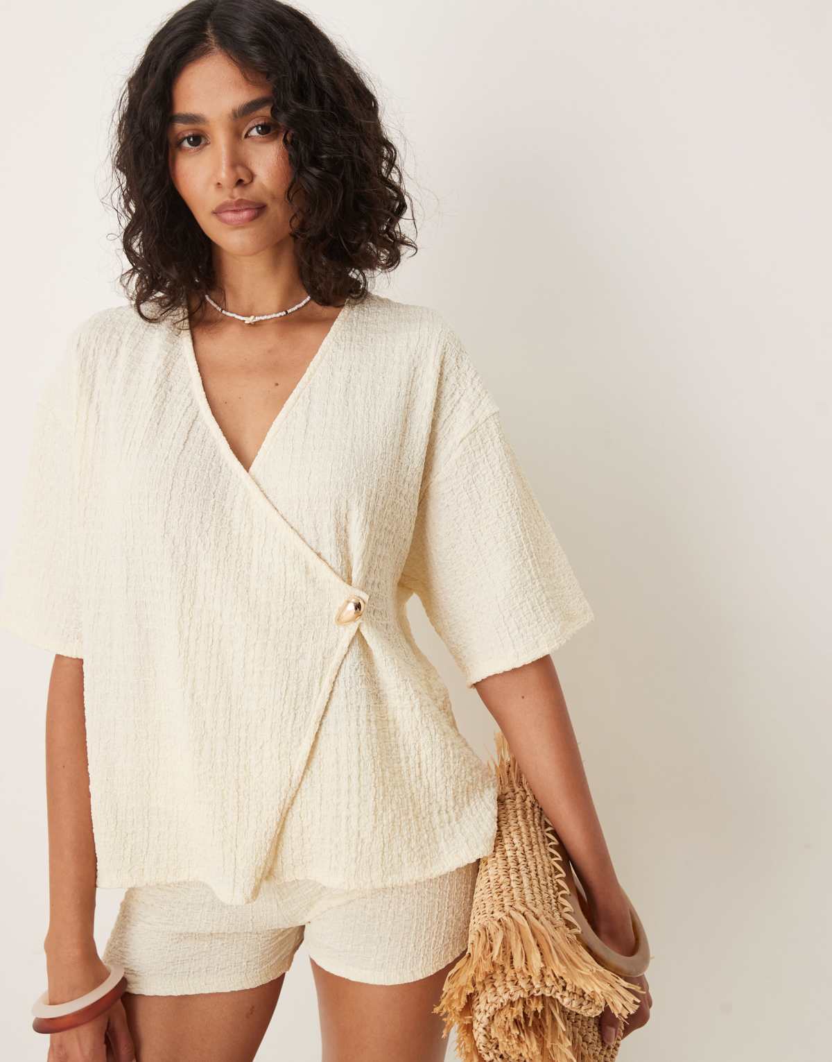 ASOS DESIGN textured shirt co-ord with shell button detail shirt in cream