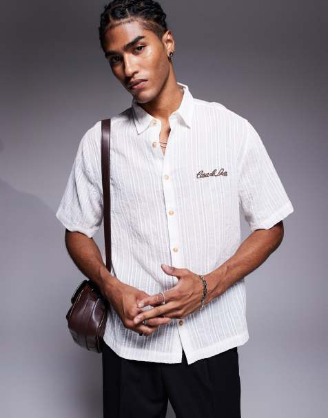 ASOS DESIGN textured shirt with chest embroidery in white - view 1