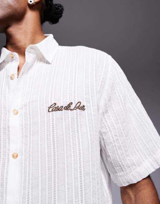 ASOS DESIGN textured shirt with chest embroidery in white, 3 of 4
