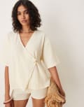 [ASOS DESIGN] ASOS DESIGN textured shirt with shell button detail in cream (part of a set)-Blue M CREAM