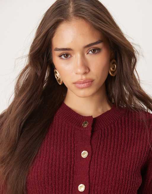 ASOS DESIGN textured short sleeve cardigan with gold buttons in burgundy - BURGUNDY, 4 of 4