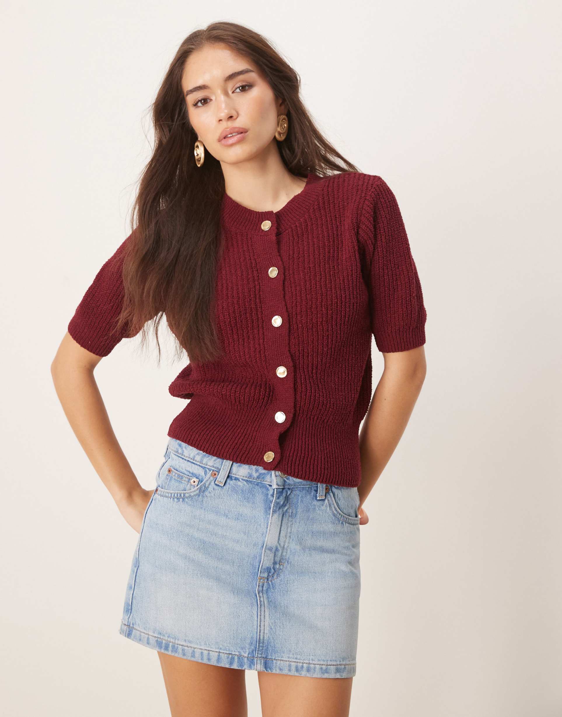 asos design textured short sleeve cardigan with gold buttons in burgundy