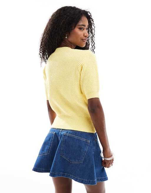 ASOS DESIGN textured short sleeve cardigan with gold buttons in