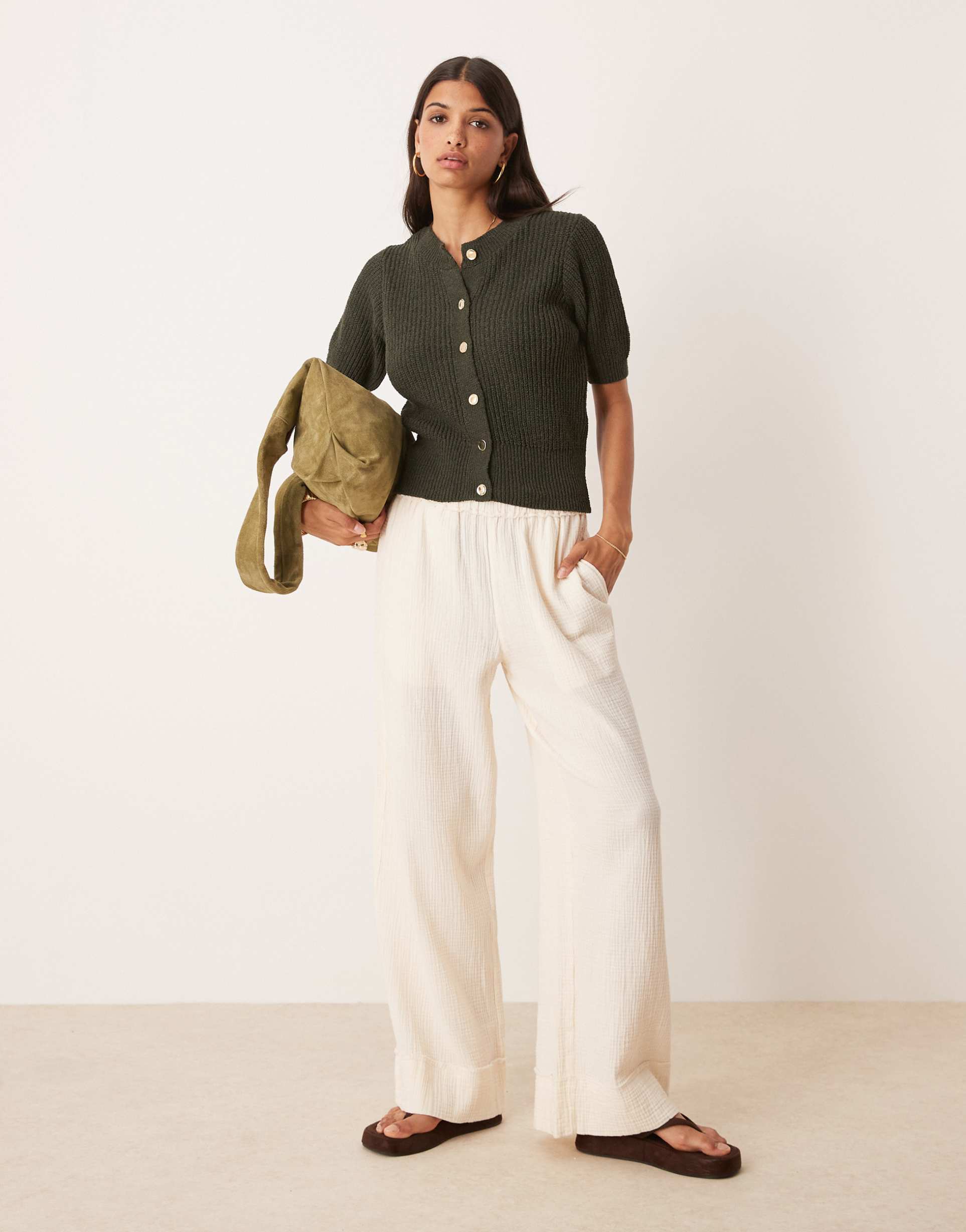 ASOS DESIGN textured short sleeve cardigan with gold buttons in khaki - KHAKI