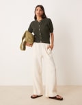[ASOS DESIGN] ASOS DESIGN textured short sleeve cardigan with gold buttons in khaki-Green S Khaki