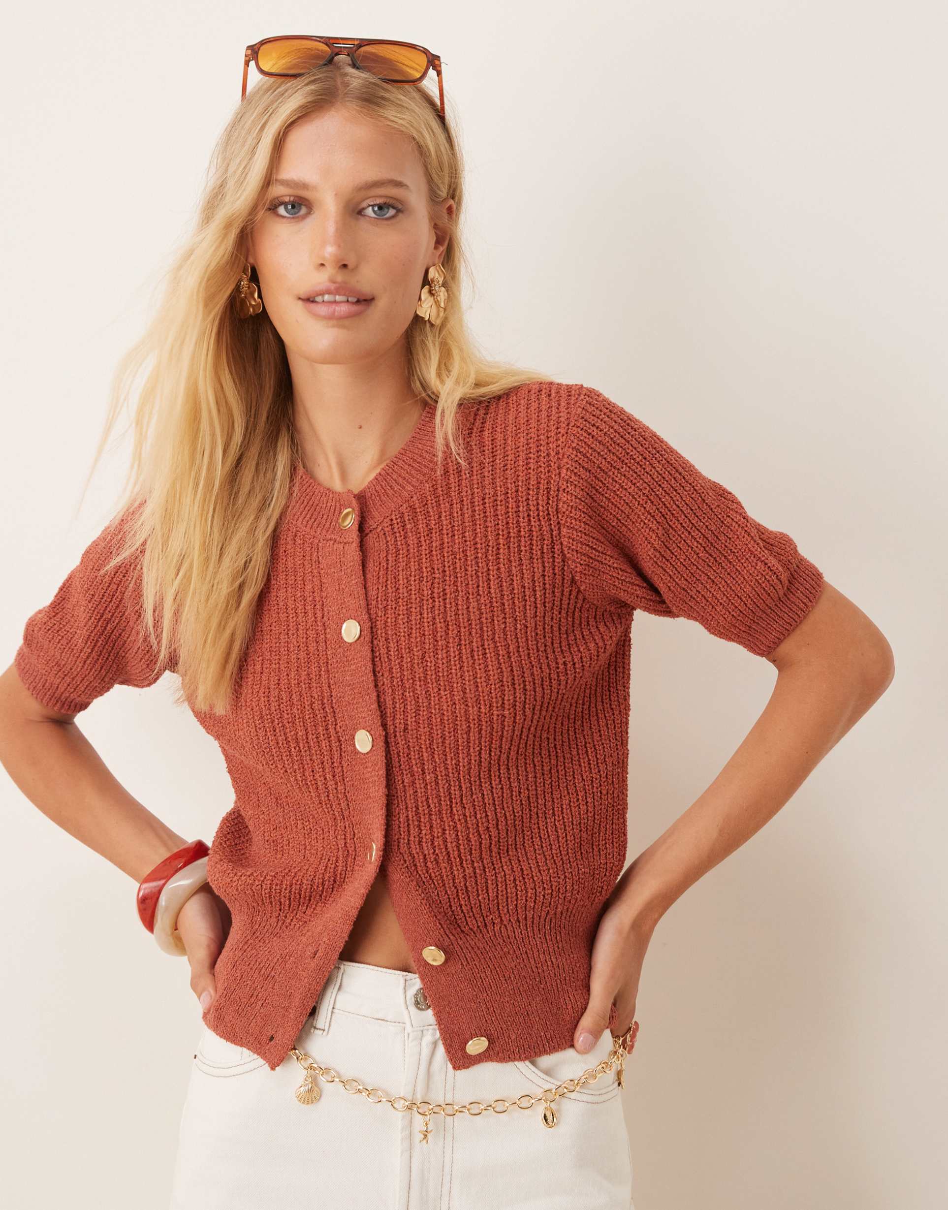 asos design textured short sleeve cardigan with gold buttons in rust