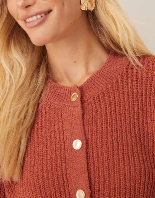 ASOS DESIGN textured short sleeve cardigan with gold buttons in rust