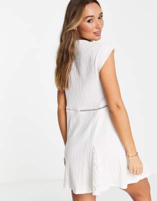 ASOS DESIGN textured short sleeve crochet insert mini dress in ecru