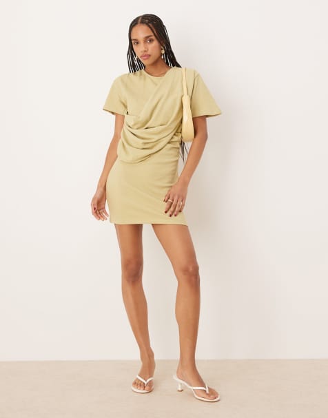 ASOS DESIGN textured short sleeve drape front mini dress in olive green - view 1