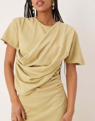 Asos Design Textured Short Sleeve Drape Front Mini Dress In Green
